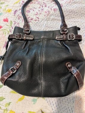 Brighton Black Pebbled Leather Croc Trim Shoulder Tote Bag